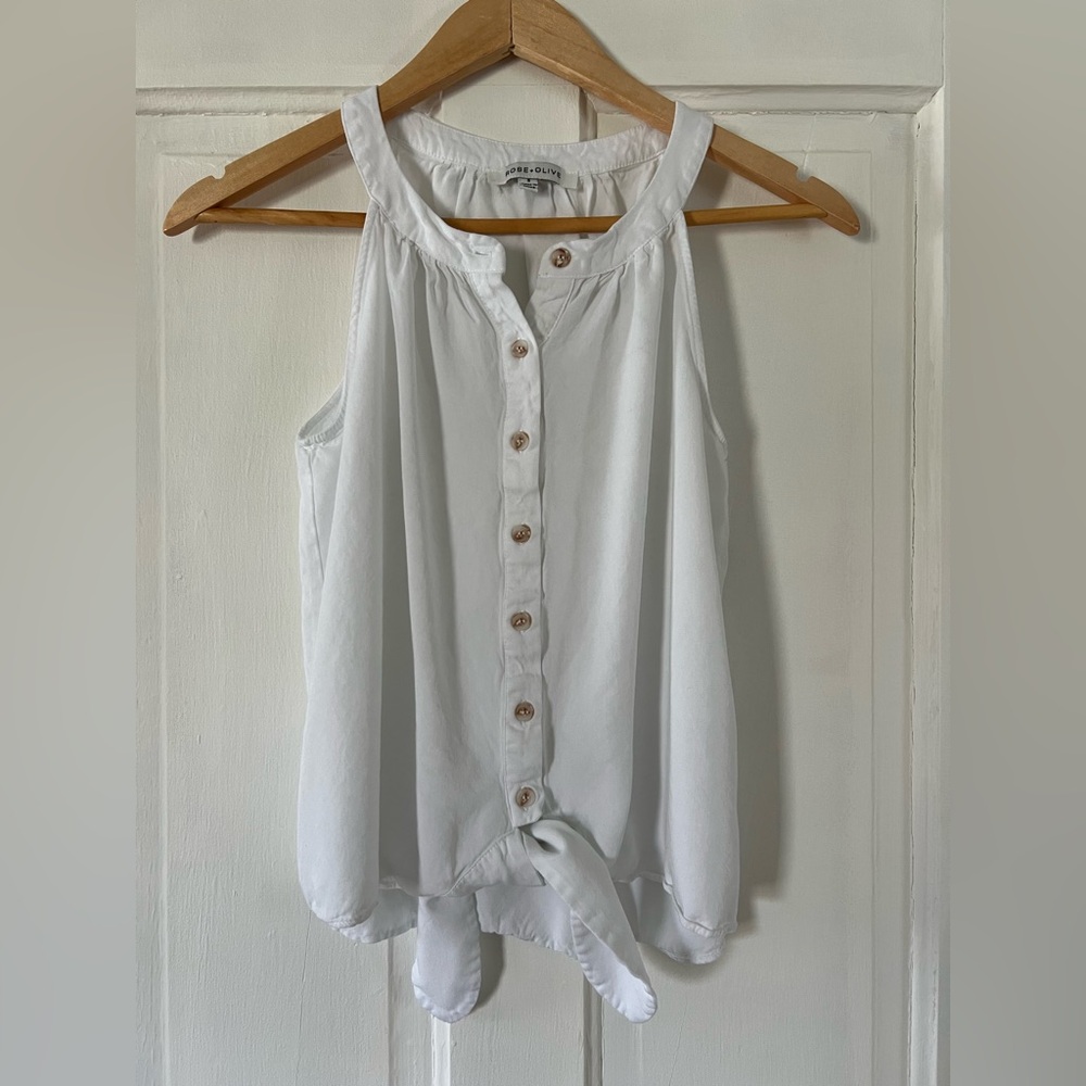 Rose + Olive White Cotton Tank Too Button Front Tie Hem Size Small